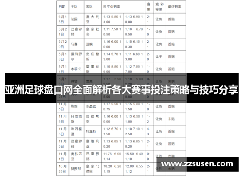 亚洲足球盘口网全面解析各大赛事投注策略与技巧分享